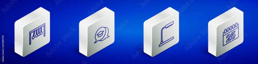 Set Isometric line Pendulum, Graduation cap in speech bubble, Table lamp and Calendar icon. Vector Set Isometric line Pendulum, Graduation cap in speech bubble, Table lamp and Calendar icon. Vector