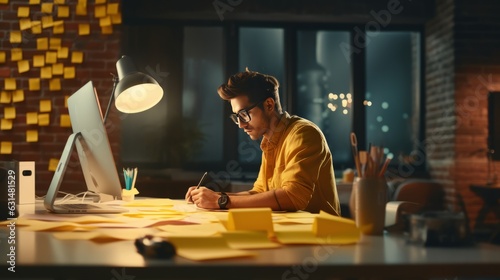 creative designer hipster working conventrate work late night he stay in office full with sticky note remind paper time out deadline ideas concept in office,ai generate