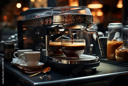 Close-up of espresso pouring from coffee machine. Generative AI.