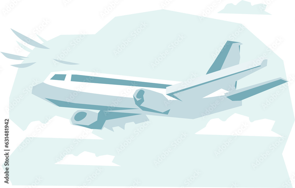 Plane flies in the sky among the clouds. Airplane takeoff for airline logo, airline tickets and travel advertising.