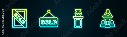 Set line Auction painting sold, ancient vase and auctioneer sells. Glowing neon icon. Vector