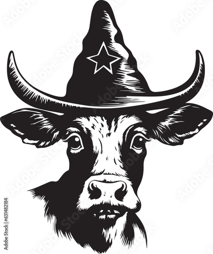 Halloween Cow in a witch hat, Vintage cow head, Vector illustration, SVG