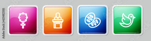 Set line Rosary beads religion, Church pastor preaching, Christian bread and Dove. Colorful square button. Vector