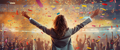 success motivation encourage power support attractive powerful female speaker hand riseup cheering all people in convetion hall to stay strong together with golden glitter confetti paper ,ai generate