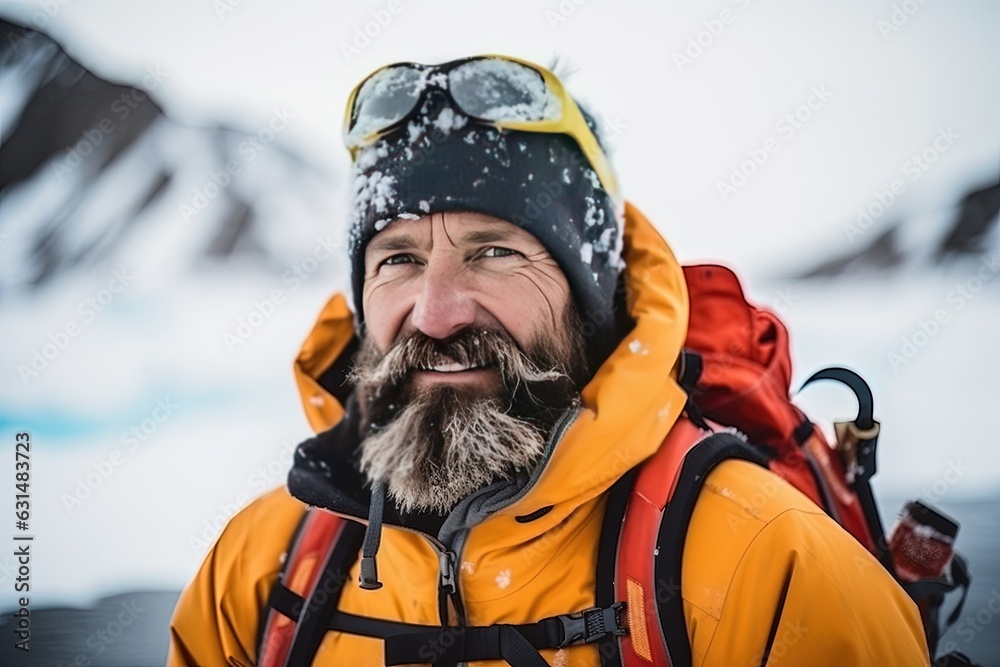 Close-up portrait of a polar explorer during a snow storm. Close-up portrait of a polar explorer during a snow storm.