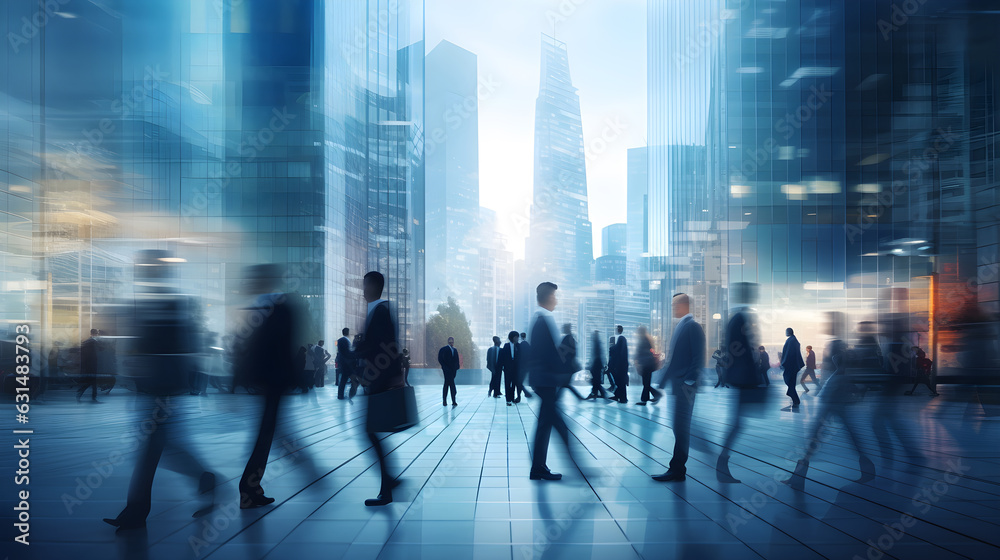 abstract motion blur image of business people crowd walking at corporate office in city downtown, blurred background, business center concept, Generative AI