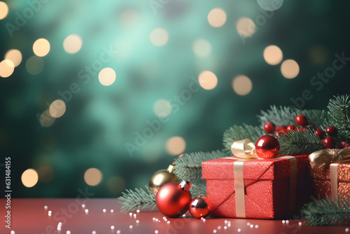 decorated christmas gift box on wooden table or terrace with blurred bokeh light background, copy Space, winter holiday family, happy new year and merry christmas festival concept. Generative AI