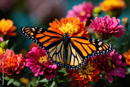 A serene shot of a colorful butterfly perched among vibrant flowers, showcasing the delicate beauty of nature and the harmonious relationship between flowers and pollinators   ACTORS: Butterfly   LOCA
