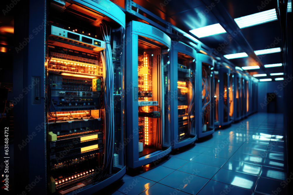 A view of a state-of-the-art data center interior, showcasing rows of neatly organized server racks, fiber optic cables, and cooling systems, representing the backbone of modern information technology A view of a state-of-the-art data center interior, showcasing rows of neatly organized server racks, fiber optic cables, and cooling systems, representing the backbone of modern information technology