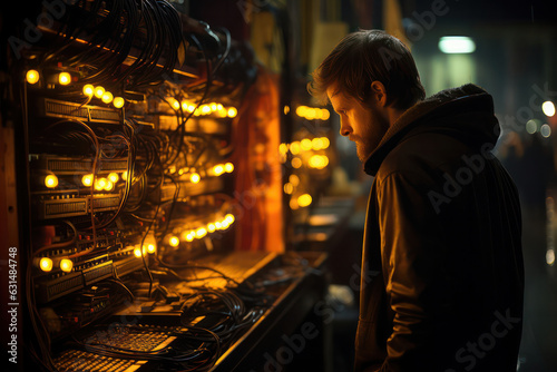 A technician performing routine maintenance on server equipment inside a data center, carefully inspecting cables, checking hardware components, and ensuring optimal performance of the infrastructure © Matthias