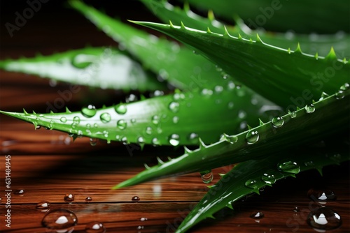 Aloe vera elements on wooden background Generative AI photo