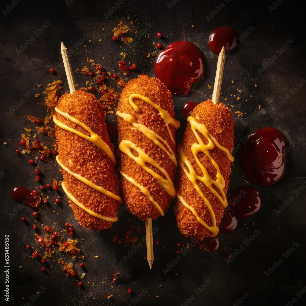Crispy Corn Dogs with Ketchup and Mustard Sauce Crispy Corn Dogs with Ketchup and Mustard Sauce