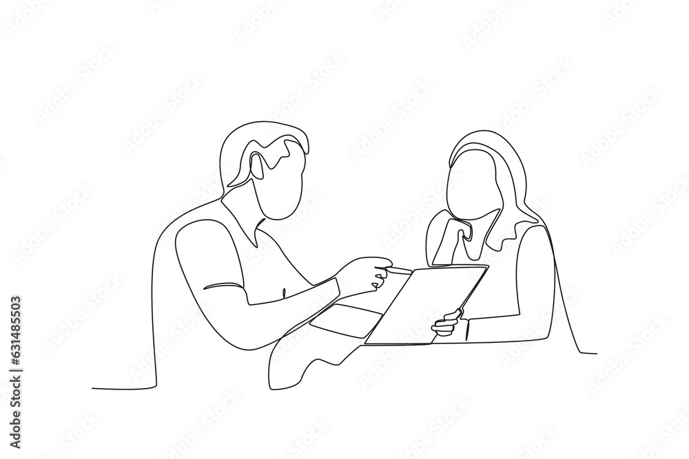 Continuous single line drawing of a male doctor shows test results to female patient by looking at the file
Continuous single line drawing of a male doctor shows test results to female patient by looking at the file