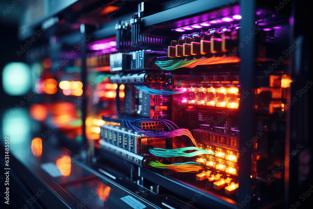 A close-up shot of fiber optic cables and connectors in a server farm, emphasizing the high-speed data transmission and low latency provided by fiber optic connectivity | ACTORS: None | LOCATION TYPE: A close-up shot of fiber optic cables and connectors in a server farm, emphasizing the high-speed data transmission and low latency provided by fiber optic connectivity | ACTORS: None | LOCATION TYPE: