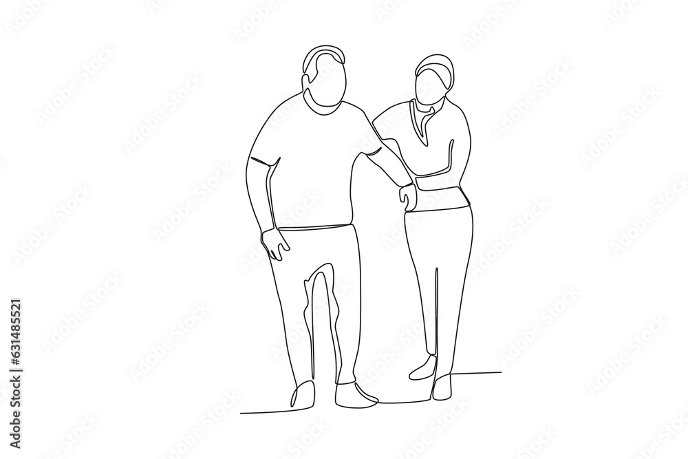 Continuous single line drawing of a female doctor guiding a patient to walk
Continuous single line drawing of a female doctor guiding a patient to walk