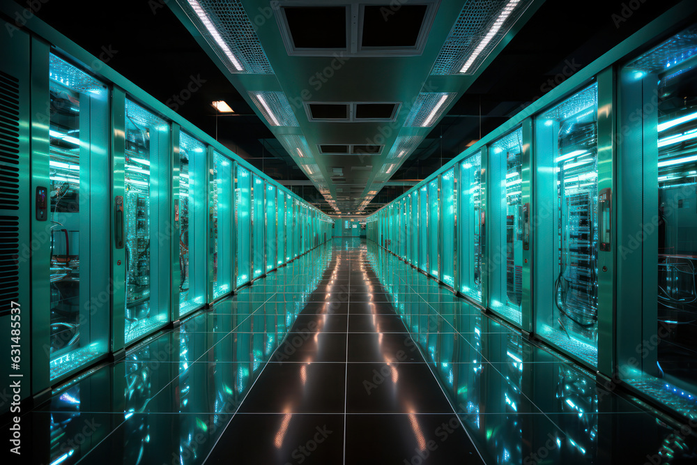 Fototapeta premium A shot of virtualized server instances running on physical servers in a server farm, demonstrating the flexibility and resource optimization achieved through server virtualization | ACTORS: None | LOC
