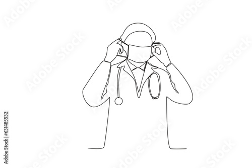 Continuous single line drawing of a doctor getting ready to see a patient wearing a mask