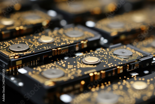 A close-up shot of the magnets and actuator arm in a hard disk drive, showcasing the components responsible for precise movement and data recovery | ACTORS: None | LOCATION TYPE: Internal components |