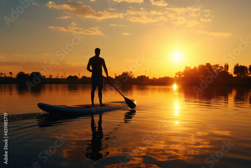 A person enjoying a sunset paddleboarding session in a tranquil bay, with calm azure waters, golden sunlight reflecting off the surface, and distant sailboats dotting the horizon | ACTORS: Person | LO