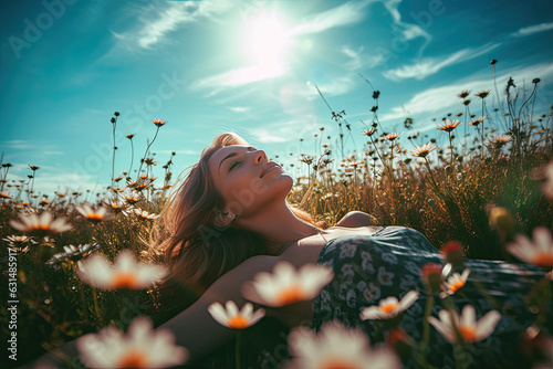 Fototapeta Naklejka Na Ścianę i Meble -  Amidst enchanting allure of meadow brimming with untamed blossoms, girl experiences sheer bliss as she daydreams, embracing magical harmony between herself and natural world.