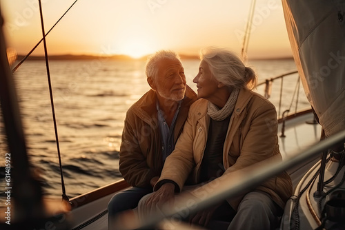 Happy elderly couple hugs and enjoys a stunning sunset on board a yacht at sea.