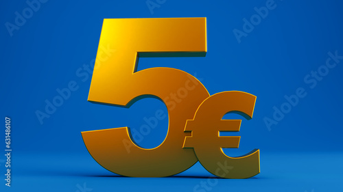 3D render of gold five euros isolated on white background, golden european money 5 euros photo