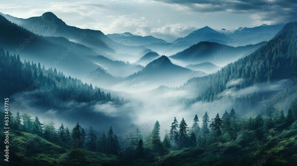 Beautiful morning mountain forest mist. Generative AI