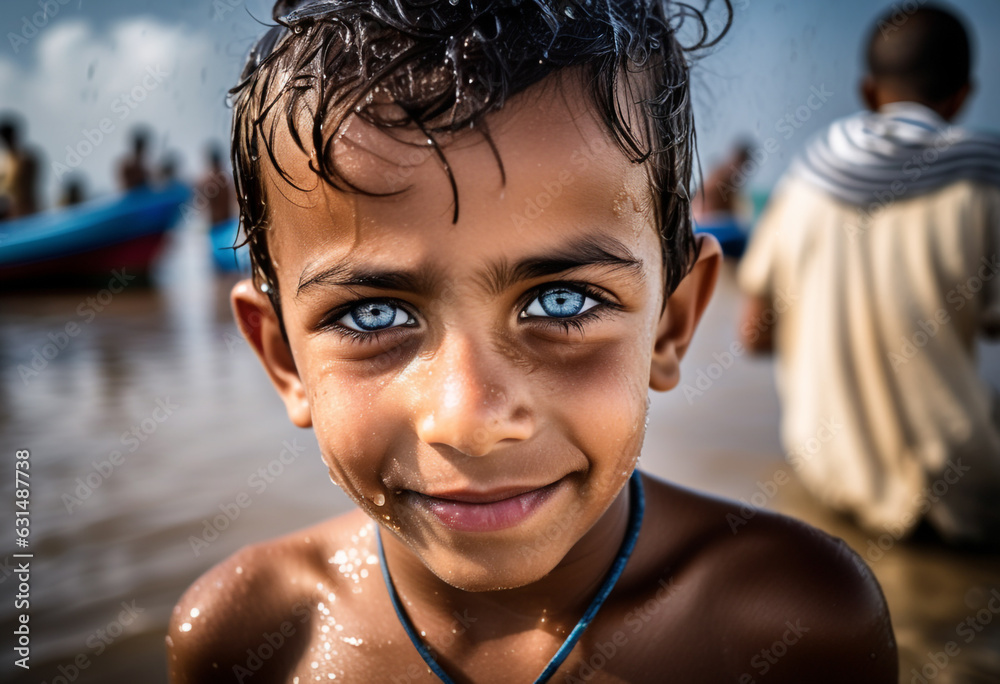 8 years old boy blue clear eyes long curl wet hair portrait, wet shirtless taking a bath on GAZA beach.