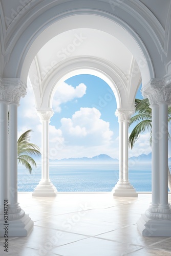 Papier peint Interior Design of a Huge Mansion with the Style of a Monaster, Some Vegetation and Flowers in the Archway near the Sea