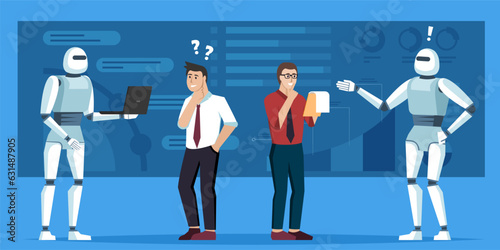robots with humans background. robots helping humans in office, supplementary labor force, UI working with people, support staff. vector cartoon background