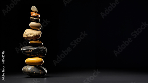 Bunte Steine Hot Stone als Turm aufeinander gestapelt für die Massage mit Textfreiraum, ai generativ