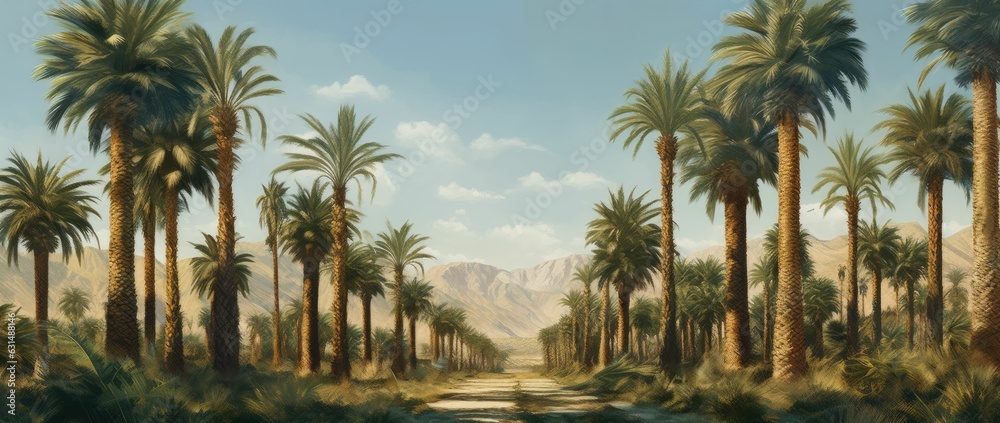 Plantation of date palms, agriculture industry in desert areas of the Middle East