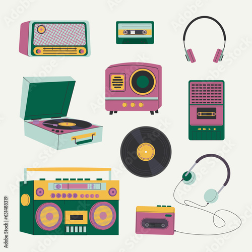 music players set. cartoon retro vintage music recorders, sound gadgets, gramophone, tape recorder. vector cartoon isolated objects.