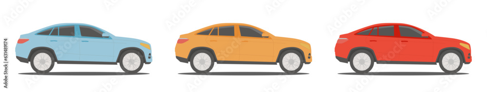 Set of colour cars with shadow isolated on white background. Vector illustration