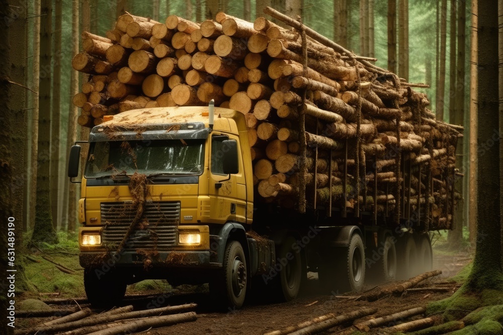 Tip truck transportation of sawn timber. The truck transports logs, on the road