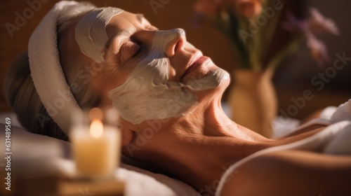 Mature senior woman getting facial treatment at the beauty center