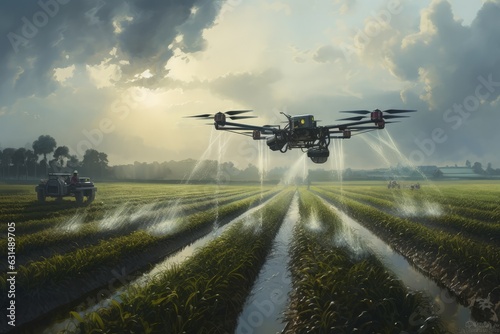 Drone watering field. Modern irrigation concept
