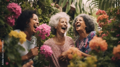 Group of happy mature senior female friends standing in flower garden