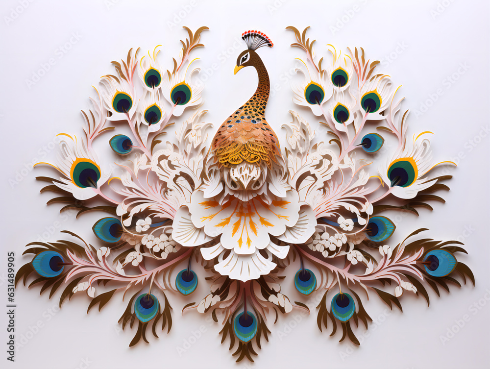 Paper sculpture of a golden peacock on flowers background