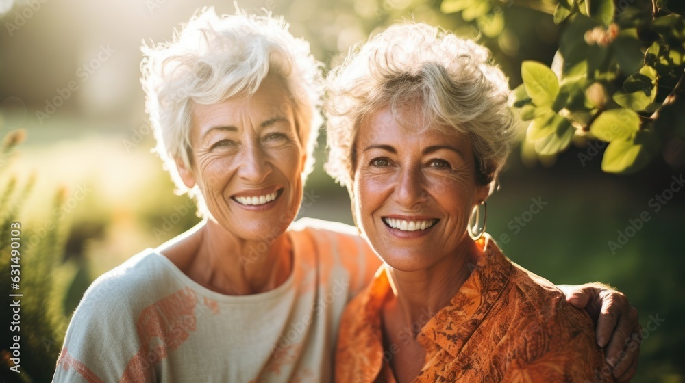 mature old women friends standing in the garden mature old women friends standing in the garden