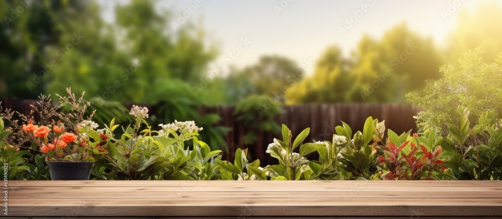 An outdoor garden background with a wooden table top, which is empty and can be used for marketing An outdoor garden background with a wooden table top, which is empty and can be used for marketing