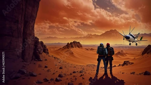 Mars Diurnal Adventure: Sci-Fi Heroes Directing Research Aircraft in Martian Desert 4K