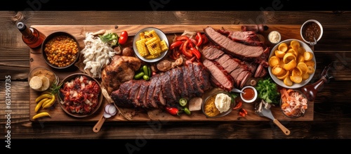 Texas BBQ platter placed on a wooden table with copy space available.
