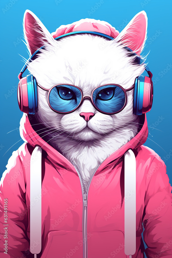 Adorable fantasy bossy cat with glasses and headphones. Blue pink and white colors. High quality photo