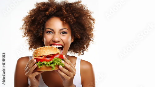 Hübsche Frau Gesicht mit Afrolook beißt in riesigen Burger und Lacht mit Textfreiraum Nahaufnahme, ai generativ
