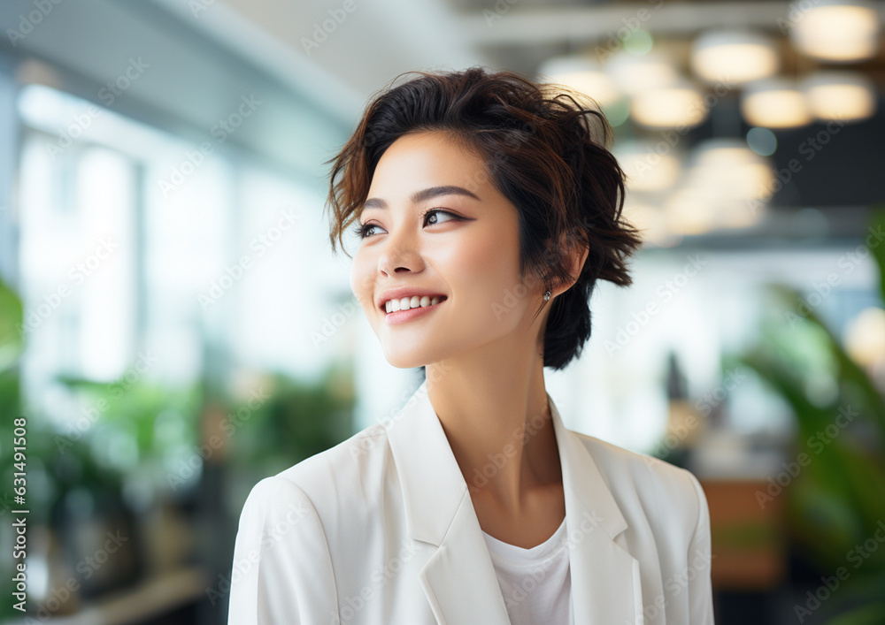 笑顔で外を眺めるアップヘアのアジア人ビジネスウーマン