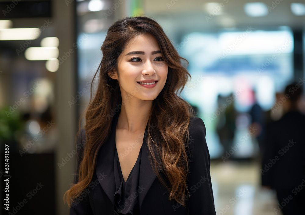 黒いジャケットを着たロングヘアのアジア人ビジネスウーマン 黒いジャケットを着たロングヘアのアジア人ビジネスウーマン
