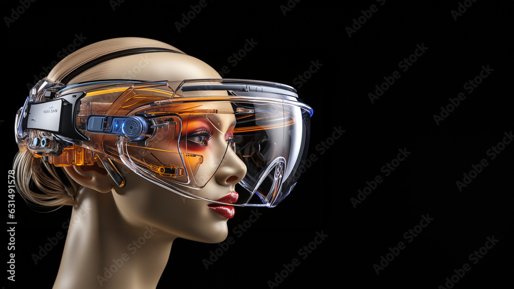 Fashion Frau Gesicht mit 3d Brille Virtuell VR Brille für Meta World Nahaufnahme, ai generativ Fashion Frau Gesicht mit 3d Brille Virtuell VR Brille für Meta World Nahaufnahme, ai generativ