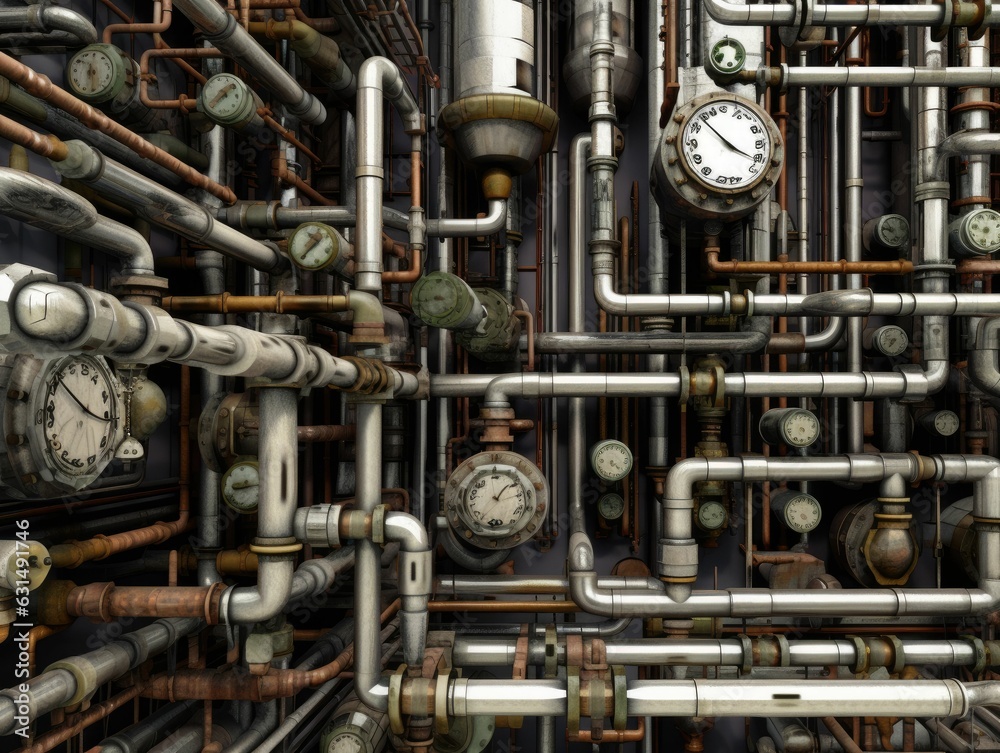 Close-up of a distillation column in a chemical plant showcasing the intricate system of pipes and valves