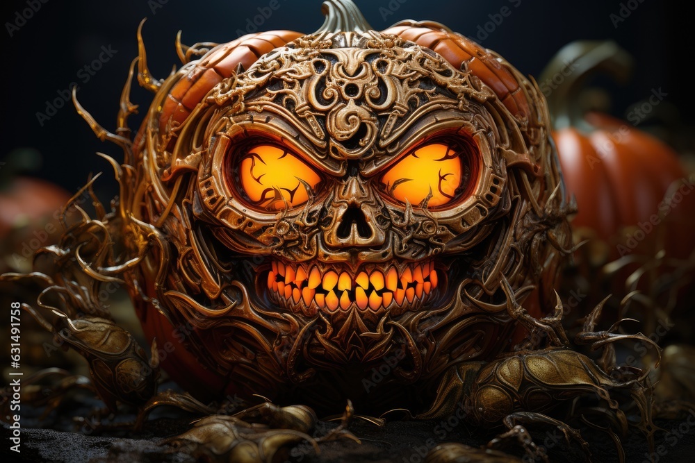 Carved pumpkin with a skull face. Generative AI